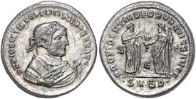 Römische Münzen. 
Kaiserzeit. 
Diocletian 284-305. Follis, nach seinem Rücktritt, Serdica, 10,44 g, belorb. Bü. re. mit Trabea, Zweig u. Mappa/Provi...