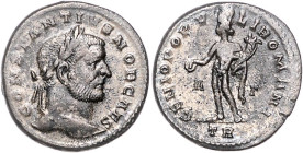 Römische Münzen. 
Kaiserzeit. 
Constantius I. Clorus 293-306. Follis als Caesar, 9,31 g, Treveri/Trier, 1. Offizin, belorb. Kopf re./Genius mit Pate...