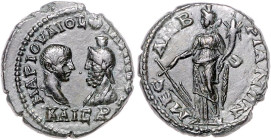 Römische Münzen. 
Kolonien und Provinzen. 
Thrakia/Mesembria, Philipp II., 247-249. AE 26, 11,99 g, die Büsten Philipps u. Serapis zueinander/Tyche ...
