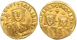 Byzantinische Münzen. 
Theophilus, 829-842. Solidus, GOLD, 4,34 g, Constantinopel, geprägt 830/31-840, Bü. des Kaisers v.v. mit kurzem Bart u. Kreuzk...