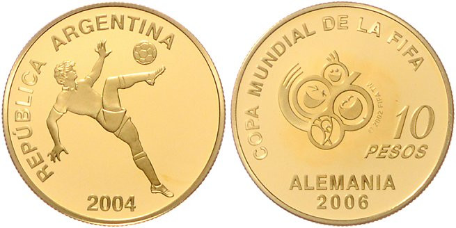 Argentinien. 
10 Pesos 2004, GOLD (6,75 g 999 f.), Fußball-WM 2006 in Deutschla...