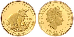 Australien. 
Elisabeth II. 1952-2022. 5x 5 Dollars 2007, GOLD, je 1/25 Oz 999.9 fein (zus. 6,22 g fein) der Serie "Fauna Australiens", Motive: Schnab...
