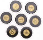 Australien. 
Elisabeth II. 1952-2022. 7x 5 Dollars (3x 2006, 1x 2007 u. 3x 2008), GOLD, je 1/25 Oz 999.9 fein (zus. 8,71 g fein) der Serie "Discover ...