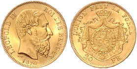 Belgien, Königreich. 
Leopold II. 1865-1909. 20 Francs 1870, GOLD. Fb.&nbsp;412. mehrwertsteuerbefreit.. 


f. stfr/stempelfrisch