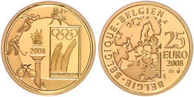 Belgien, Königreich. 
Albert II. seit 1993. 25 Euro 2008, GOLD (3,11 g 999 fein), Olym. Sommerspiele in Peking. KM&nbsp;294, Schön&nbsp;253, Fb.&nbsp...