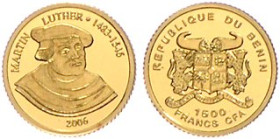 Benin. 
1500 Francs 2006, GOLD (0,5 g 999.9 f.), Martin Luther. Schön&nbsp;74. in Kapsel. 


PP