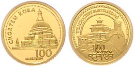 Bhutan. 
100 Ngultrum 2010 u. 2011, beide GOLD (je 0,5 g 999 f.), Kloster Taktsang u. Kloster Chorten Kora. Schön&nbsp;191&nbsp;u.&nbsp;201, KM&nbsp;...