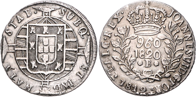 Brasilien. 
Joao VI. 1818-1822. 960 Reis 1820 B, Bahia, überprägt auf 8 Reales ...