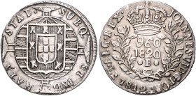 Brasilien. 
Joao VI. 1818-1822. 960 Reis 1820 B, Bahia, überprägt auf 8 Reales 1819. KM&nbsp;326.2. 


vz