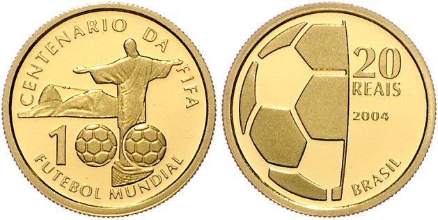 Brasilien. 
20 Reais 2004, GOLD (8,0 g 900 f.), 100 Jahre FIFA, Christusstatue ...