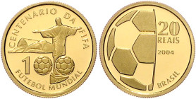 Brasilien. 
20 Reais 2004, GOLD (8,0 g 900 f.), 100 Jahre FIFA, Christusstatue vor dem Zuckerhut. Schön&nbsp;175, Fb.&nbsp;134. Aufl. nur 4.060 Ex., ...