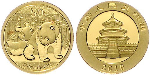 China-Volksrepublik. 
50 Yuan 2010, GOLD (1/10 Oz fein), Panda. Schön&nbsp;1776...