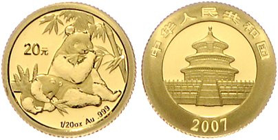 China-Volksrepublik. 
20 Yuan 2007, GOLD (1/20 Oz fein), Panda. Schön&nbsp;1551...