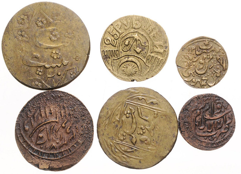 Choresm. 
6 verschied. Münzen: Khanat. 2 1/2 Tenge u. 5 Tenge 1919/1920, Kupfer...
