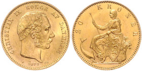 Dänemark. 
Christian IX. 1863-1906. 20 Kroner 1873, GOLD. KM&nbsp;791.1, Hede&nbsp;8A, Fb.&nbsp;295. mehrwertsteuerbefreit.. 


winz. Kratzer, f. ...