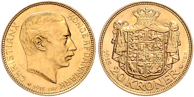 Dänemark. 
Christian X. 1912-1947. 20 Kroner 1915, GOLD. KM&nbsp;817, Fb.&nbsp;...
