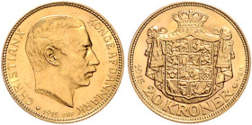 Dänemark. 
Christian X. 1912-1947. 20 Kroner 1915, GOLD. KM&nbsp;817, Fb.&nbsp;299. mehrwertsteuerbefreit.. 


fast stempelfrisch