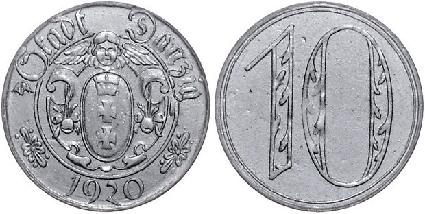 Danzig, Freie Stadt. 
10 Pfennig 1920, Zink, große Wertzahl. Jaeger&nbsp;D&nbsp...