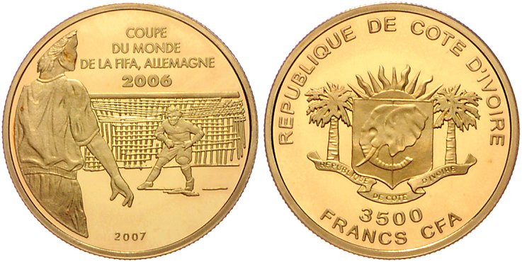 Elfenbeinküste. 
3500 Francs 2007, GOLD (7,78 g 585 f.), Fußball-WM 2006 in Deu...