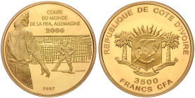 Elfenbeinküste. 
3500 Francs 2007, GOLD (7,78 g 585 f.), Fußball-WM 2006 in Deutschland. Schön&nbsp;A33. Aufl. max. 5.000 Ex., in Kapsel, mit Echthei...