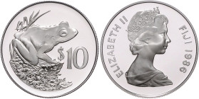 Fidschi. 
10 Dollars 1986, Silber, Fidschifrosch. Schön&nbsp;47, KM&nbsp;55. in Kapsel. 


PP