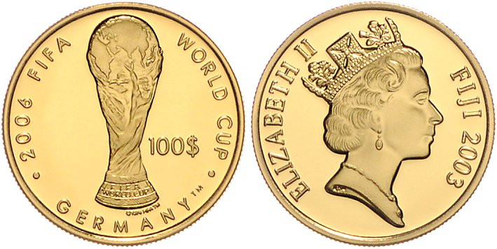 Fidschi. 
100 Dollars 2003, GOLD (7,78 g 585 f.), Fußball-WM 2006 in Deutschlan...