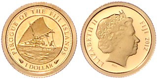 Fidschi. 
1 Dollar 2012, GOLD (0,5 g 585 f.), Pirogue of the Fiji Islands. in K...