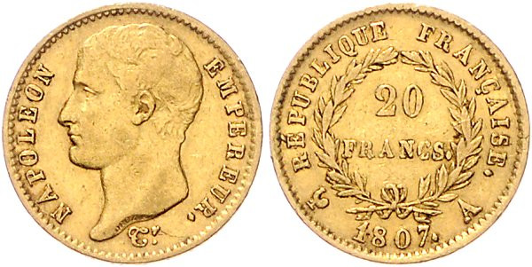 Frankreich. 
Napoleon I. 1804-1814, 1815. 20 Francs 1807 A, Paris, GOLD. Gad.&n...
