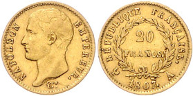 Frankreich. 
Napoleon I. 1804-1814, 1815. 20 Francs 1807 A, Paris, GOLD. Gad.&nbsp;1023a, KM&nbsp;A687.1, Fb.&nbsp;487a. mehrwertsteuerbefreit.. 

...