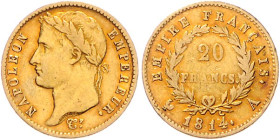 Frankreich. 
Napoleon I. 1804-1814, 1815. 20 Francs 1814 A, Paris, GOLD. Gad.&nbsp;1025, KM&nbsp;695.1, Fb.&nbsp;511. mehrwertsteuerbefreit.. 


f...