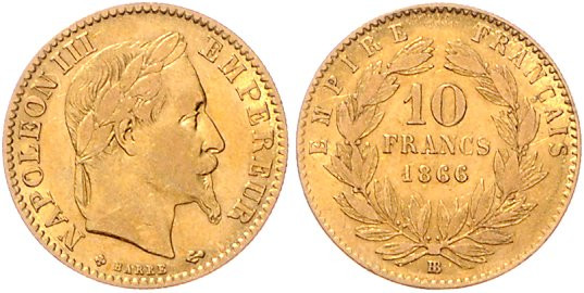 Frankreich. 
Napoleon III. 1852-1870. 10 Francs 1866 BB, Strasbourg, GOLD. KM&n...