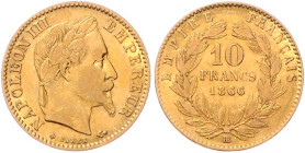 Frankreich. 
Napoleon III. 1852-1870. 10 Francs 1866 BB, Strasbourg, GOLD. KM&nbsp;800.2, Fb.&nbsp;587. mehrwertsteuerbefreit.. 


ss-f. vz