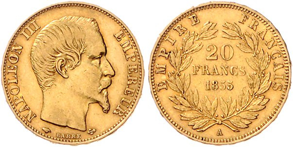 Frankreich. 
Napoleon III. 1852-1870. 20 Francs 1855 A, Paris, GOLD. KM&nbsp;78...
