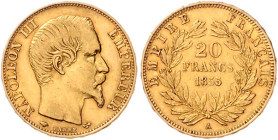 Frankreich. 
Napoleon III. 1852-1870. 20 Francs 1855 A, Paris, GOLD. KM&nbsp;781.1, Fb.&nbsp;573. mehrwertsteuerbefreit.. 


gutes ss