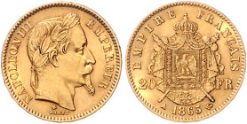 Frankreich. 
Napoleon III. 1852-1870. 20 Francs 1865 A, Paris, GOLD. KM&nbsp;801.1, Fb.&nbsp;584. mehrwertsteuerbefreit.. 


winz. Rdu, f. vz