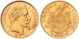 Frankreich. 
Napoleon III. 1852-1870. 20 Francs 1865 BB, Strasbourg, GOLD. KM&nbsp;801.2, Fb.&nbsp;585. mehrwertsteuerbefreit.. 


winziger Rf., v...