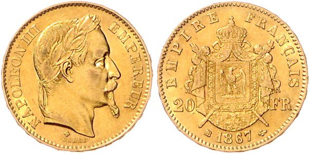 Frankreich. 
Napoleon III. 1852-1870. 20 Francs 1867 BB, Strasbourg, GOLD. KM&n...