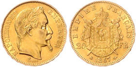 Frankreich. 
Napoleon III. 1852-1870. 20 Francs 1867 BB, Strasbourg, GOLD. KM&nbsp;801.2, Fb.&nbsp;585. mehrwertsteuerbefreit.. 


f. vz/vz