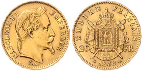 Frankreich. 
Napoleon III. 1852-1870. 20 Francs 1868 BB, Strasbourg, GOLD. KM&nbsp;801.2, Fb.&nbsp;585. mehrwertsteuerbefreit.. 


ss-vz