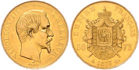 Frankreich. 
Napoleon III. 1852-1870. 50 Francs 1855 A, Paris, GOLD, 16,12 g. KM&nbsp;785.1, Gad.&nbsp;1111, Fb.&nbsp;571. mehrwertsteuerbefreit.. 
...