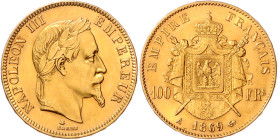Frankreich. 
Napoleon III. 1852-1870. 100 Francs 1869 A, Paris, GOLD, 32,26 g. KM&nbsp;802.1, Gad.&nbsp;1136, Fb.&nbsp;580. mehrwertsteuerbefreit.. ...