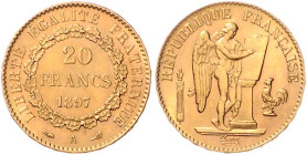 Frankreich. 
Dritte Republik 1870-1940. 20 Francs 1897 A, GOLD. KM&nbsp;825, Fb.&nbsp;592. mehrwertsteuerbefreit.. 


fast stempelfrisch