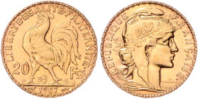 Frankreich. 
Dritte Republik 1870-1940. 20 Francs 1907, GOLD. KM&nbsp;857, Fb.&nbsp;596a. mehrwertsteuerbefreit.. 


poliert, ss