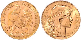 Frankreich. 
Dritte Republik 1870-1940. 20 Francs 1911, GOLD. KM&nbsp;857, Fb.&nbsp;596a. mehrwertsteuerbefreit.. 


f. stfr/stempelfrisch