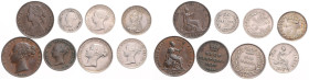 Großbritannien. 
Victoria 1837-1901. 8 verschiedene Kleinmünzen (5x Silber, 3x Kupfer): Sixpence 1838, Fourpence 1855, Threepence 1861 u. 1889, Twope...