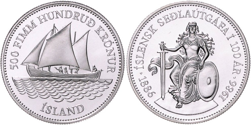 Island. 
500 Krónur 1986, Silber, 100 Jahre isländische Banknoten, Landesgöttin...