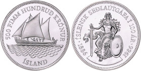 Island. 
500 Krónur 1986, Silber, 100 Jahre isländische Banknoten, Landesgöttin/Segelschiff "Fjallkonan". Schön&nbsp;35, KM&nbsp;30. 


Stgl