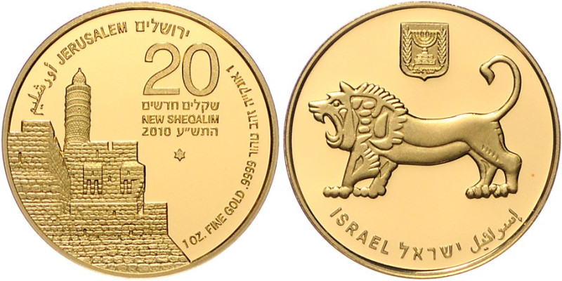 Israel. 
20 New Sheqalim 2010, GOLD (1 oz 999.9 fein), Jerusalem, 1. Ausgabe: L...