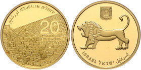 Israel. 
20 New Sheqalim 2011, GOLD (1 oz 999.9 fein), Jerusalem, 2. Ausgabe: Löwe vom Siegelring des Shem'a/Klagemauer (Kotel Ma'aravi). KM&nbsp;491...