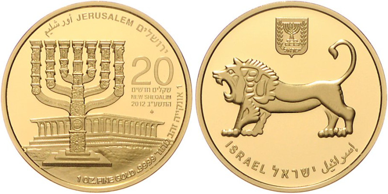 Israel. 
20 New Sheqalim 2012, GOLD (1 oz 999.9 fein), Jerusalem, 3. Ausgabe: L...